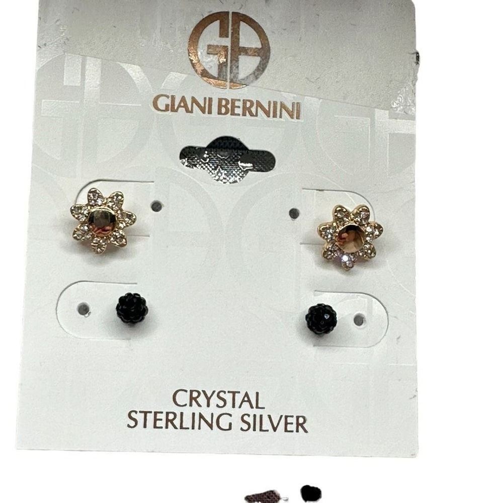 Gianni Bernini Set Earrings in 18k Gold-Plated Sterling Silver Flower Black NWT